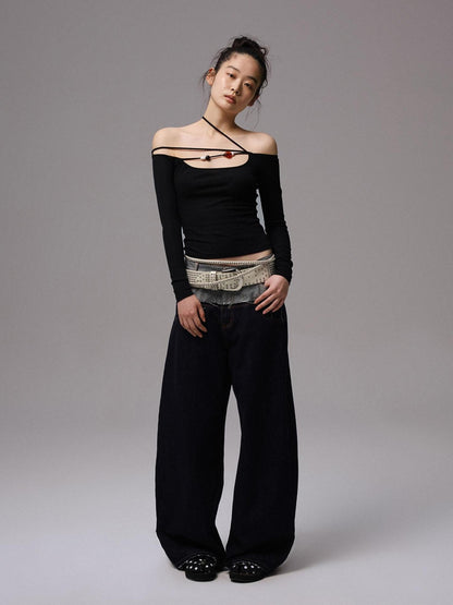 1JINN STUDIO Raw Denim Patchwork Embroidered Double Waist Women&