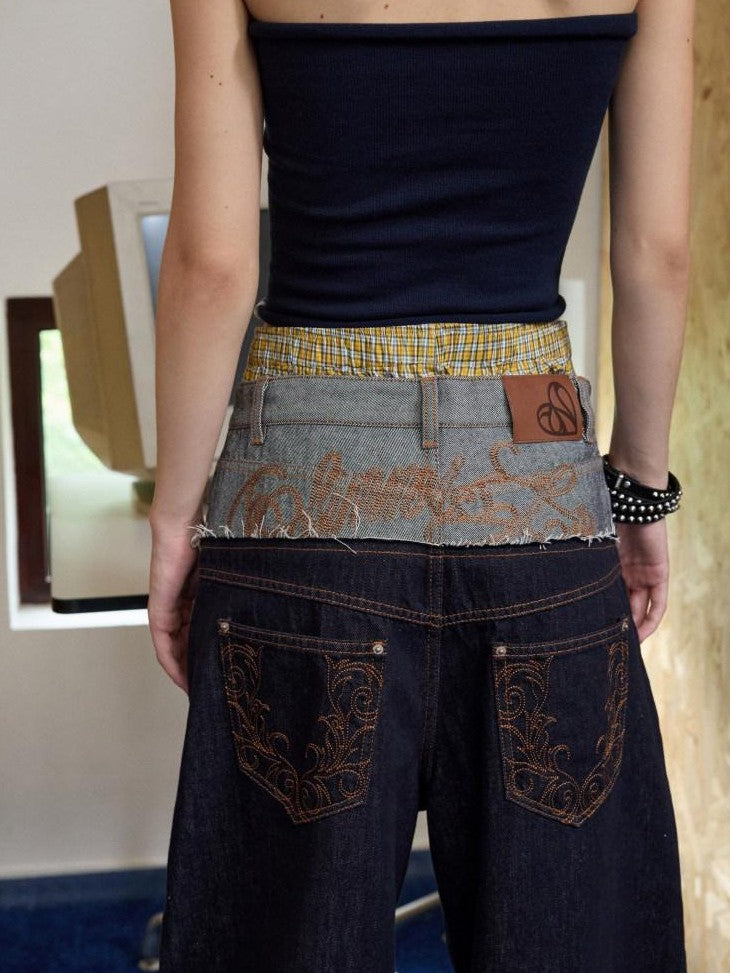 1JINN STUDIO Raw Denim Patchwork Embroidered Double Waist Women&