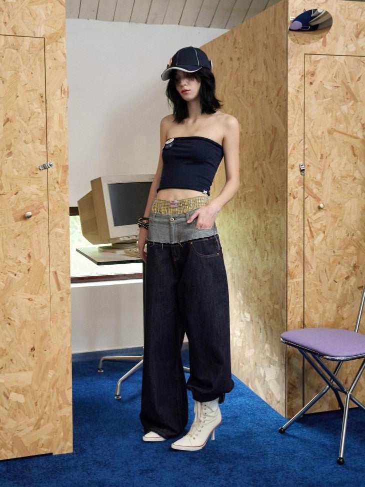 1JINN STUDIO Raw Denim Patchwork Embroidered Double Waist Women&