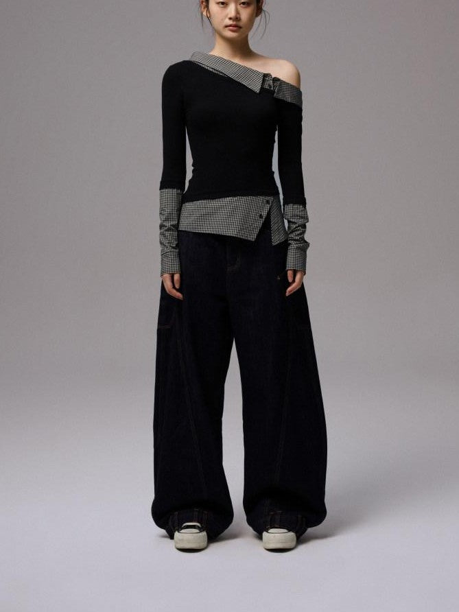 1JINN STUDIO Raw Denim Patchwork Embroidered Double Waist Women&