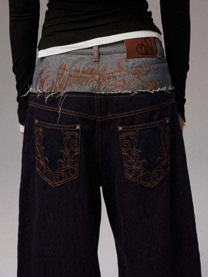 1JINN STUDIO Raw Denim Patchwork Embroidered Double Waist Women&