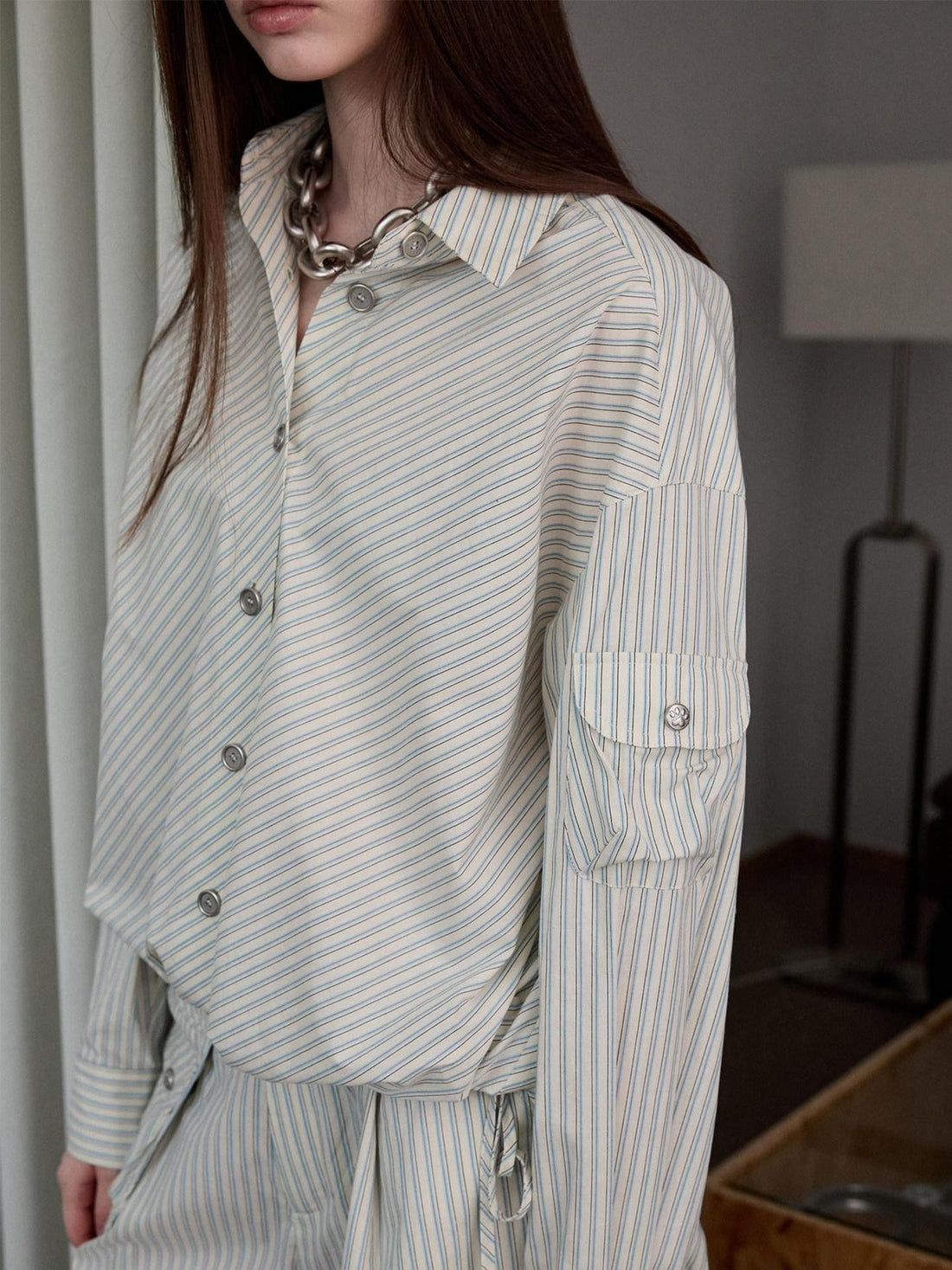 1JINN STUDIO Relaxed Asymmetrical Striped Bud Hem Women&