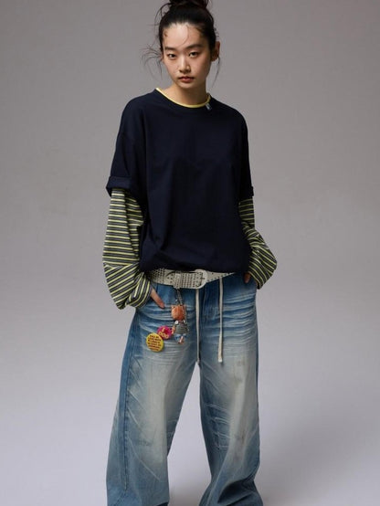 1JINN STUDIO Relaxed Contrast Striped Faux Layered Long Sleeve Women&