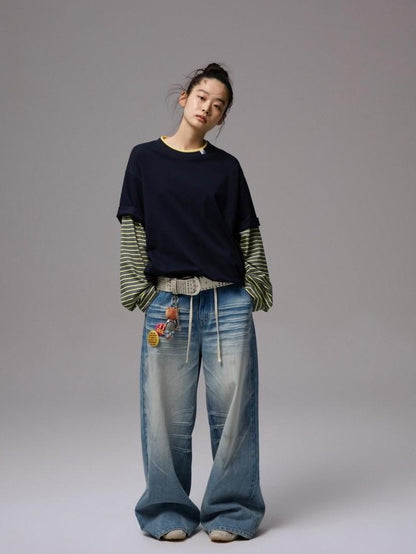 1JINN STUDIO Relaxed Contrast Striped Faux Layered Long Sleeve Women&