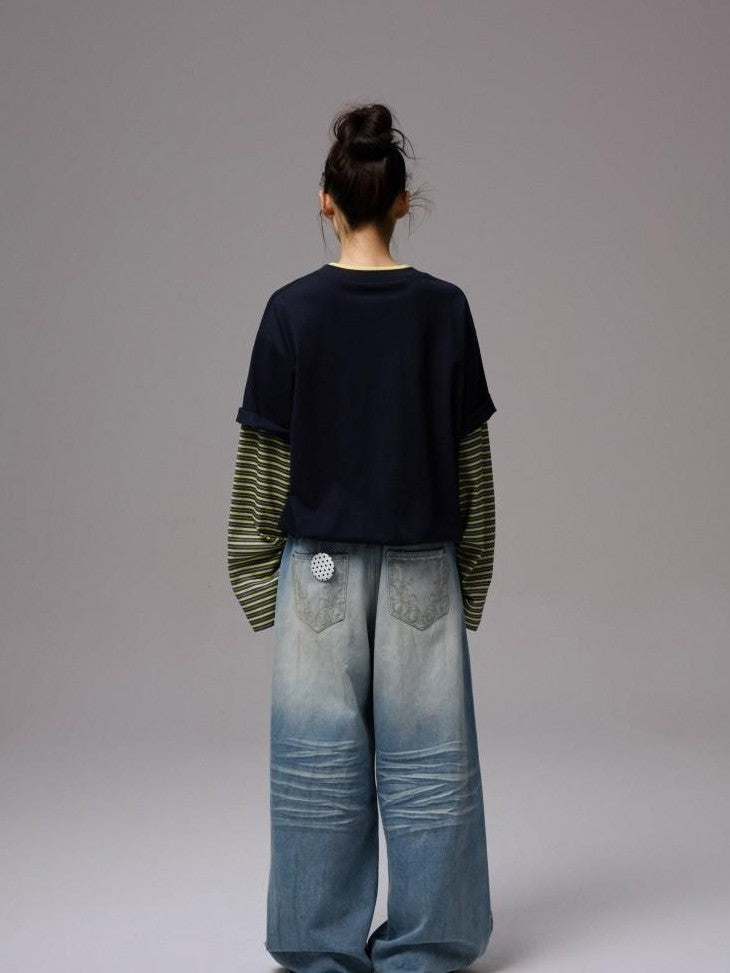 1JINN STUDIO Relaxed Contrast Striped Faux Layered Long Sleeve Women&