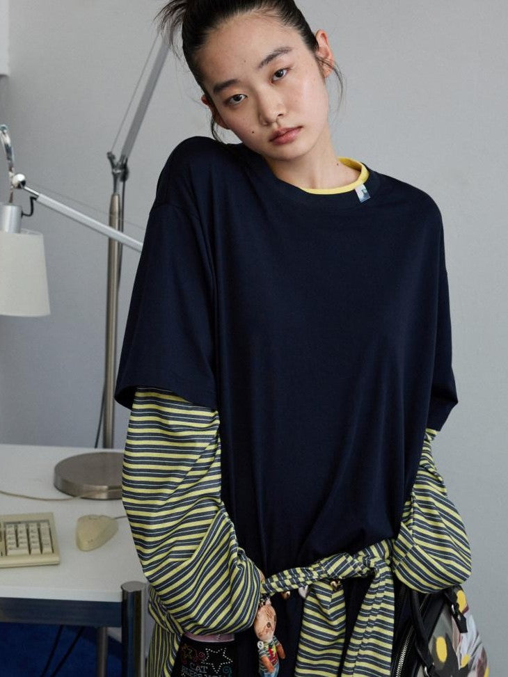 1JINN STUDIO Relaxed Contrast Striped Faux Layered Long Sleeve Women&
