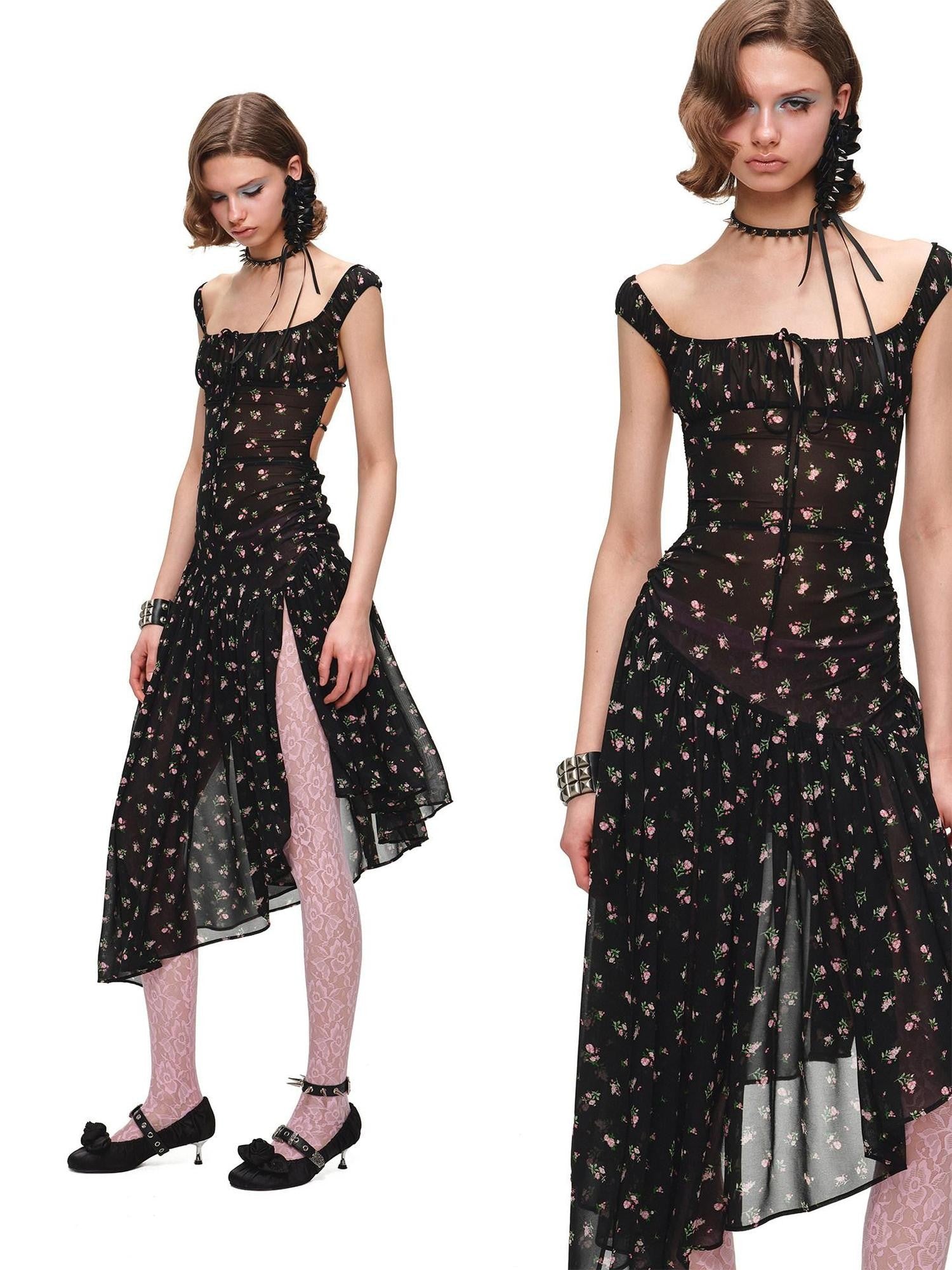 1JINN STUDIO Resort Floral Asymmetric Hem Open Back Cinched Waist Women&