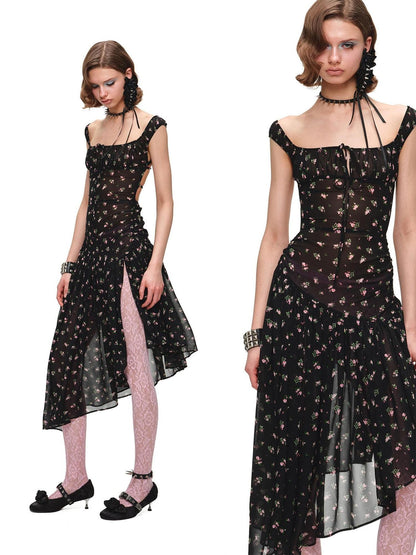 1JINN STUDIO Resort Floral Asymmetric Hem Open Back Cinched Waist Women&