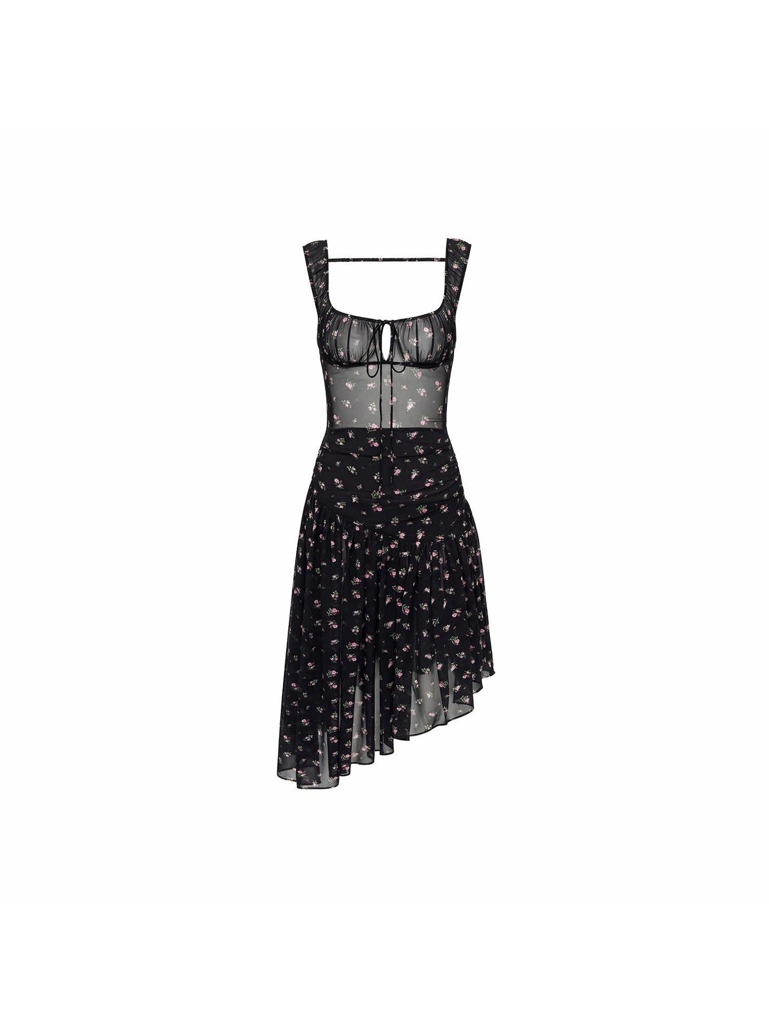 1JINN STUDIO Resort Floral Asymmetric Hem Open Back Cinched Waist Women&