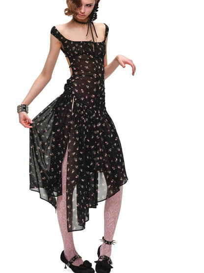 1JINN STUDIO Resort Floral Asymmetric Hem Open Back Cinched Waist Women&