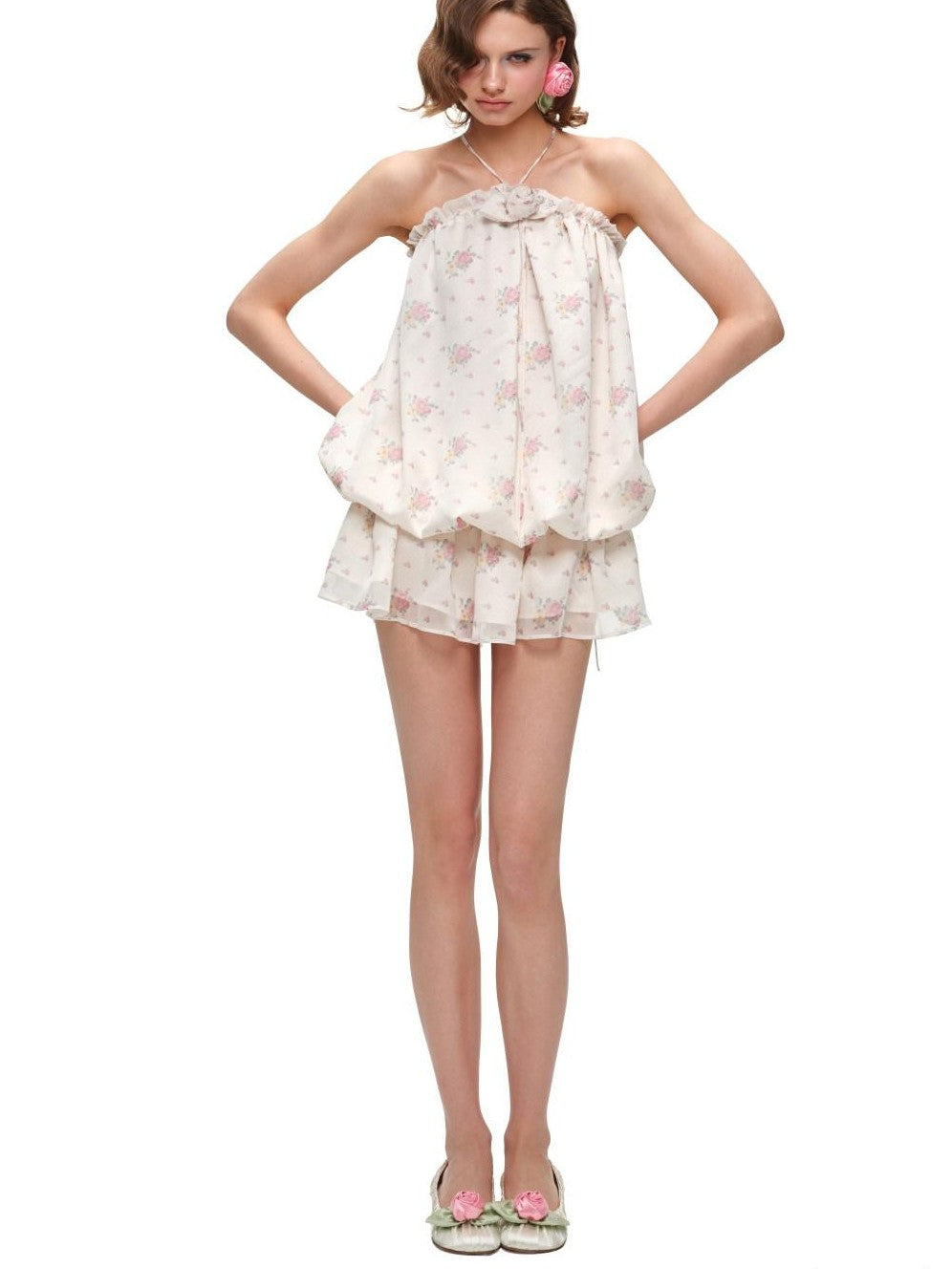 1JINN STUDIO Resort Floral Print Double Layer Bandeau Tulip Hem Women&