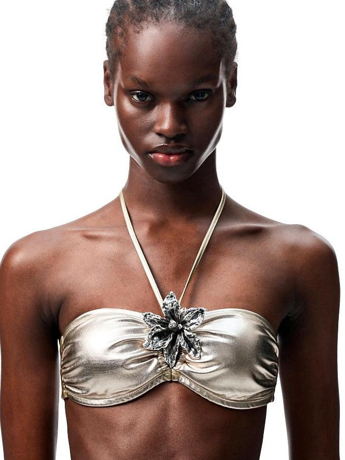 1JINN STUDIO Resort Laidback Metal Flower Halter Women&