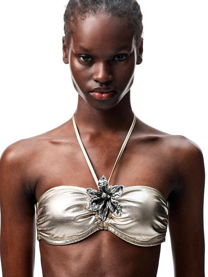 1JINN STUDIO Resort Laidback Metal Flower Halter Women&