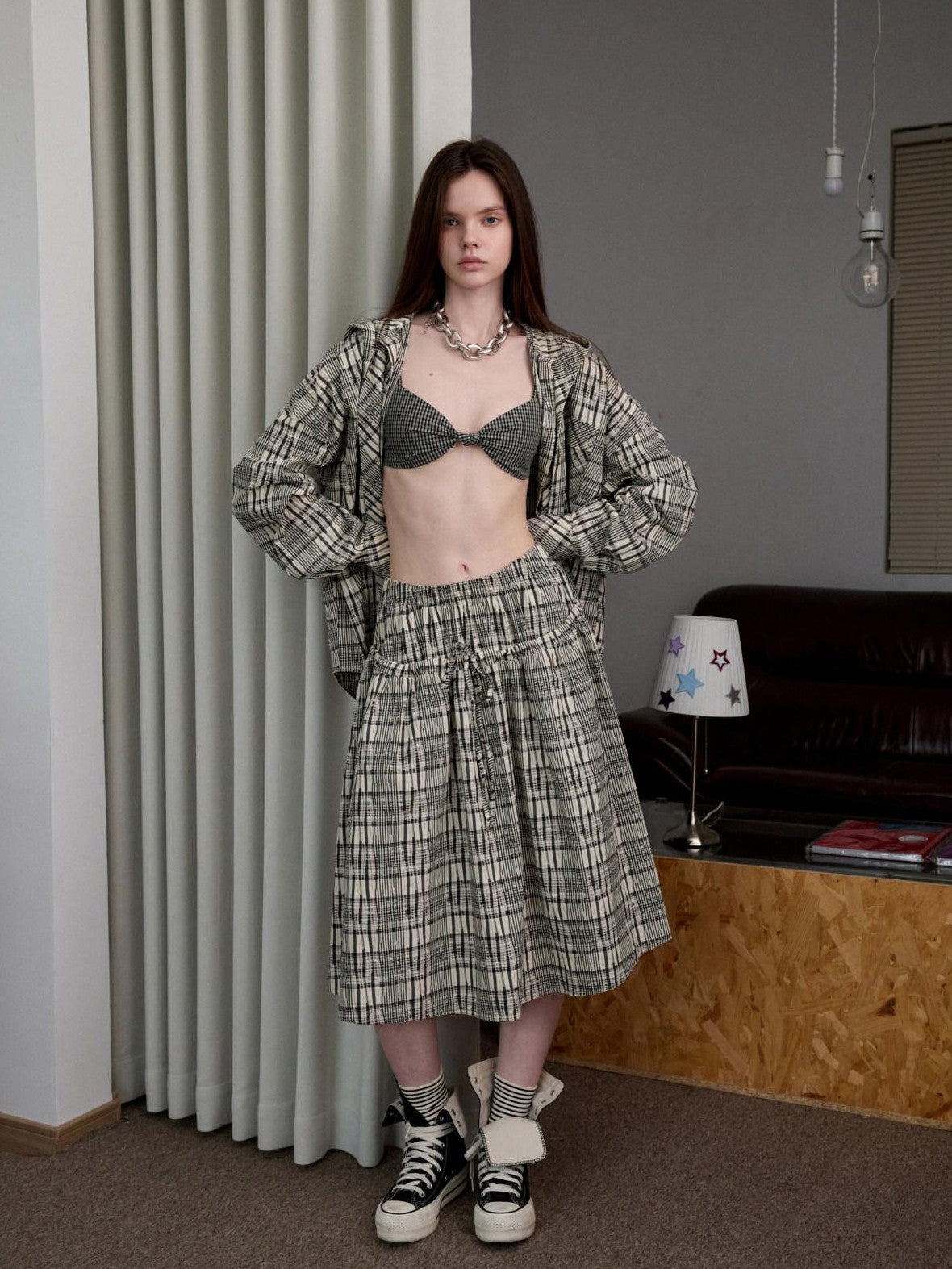 1JINN STUDIO Retro Colorblock Plaid Knotted Asymmetric Double Cross Wireless Women&
