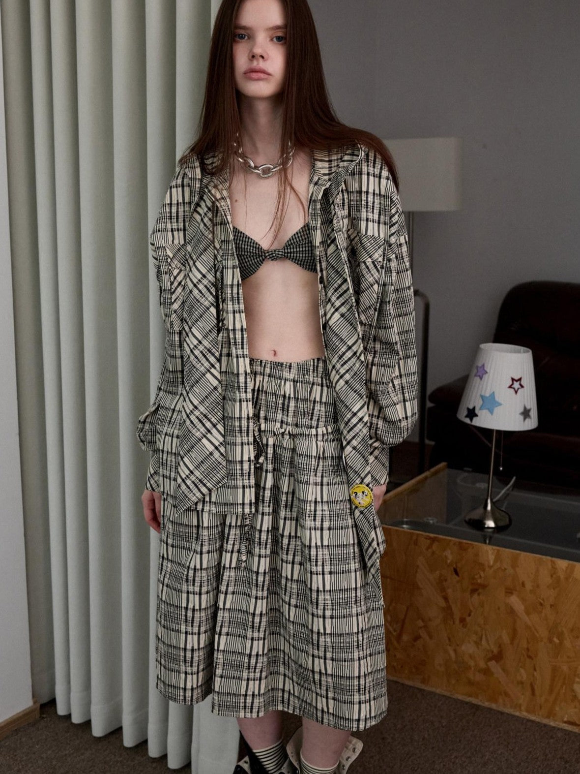 1JINN STUDIO Retro Colorblock Plaid Knotted Asymmetric Double Cross Wireless Women&