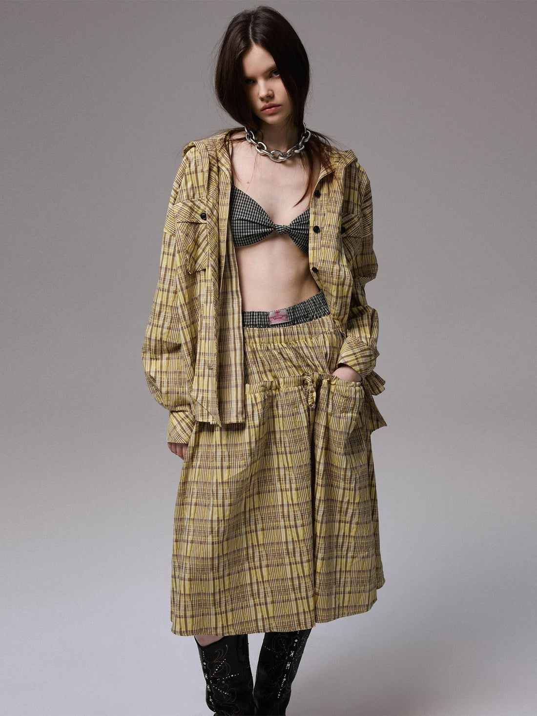 1JINN STUDIO Retro Colorblock Plaid Knotted Asymmetric Double Cross Wireless Women&