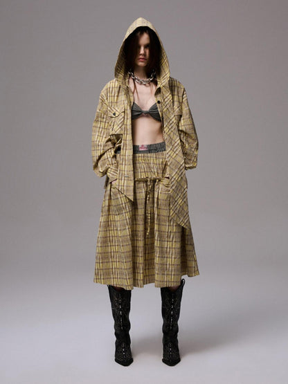 1JINN STUDIO Retro Colorblock Plaid Knotted Asymmetric Double Cross Wireless Women&