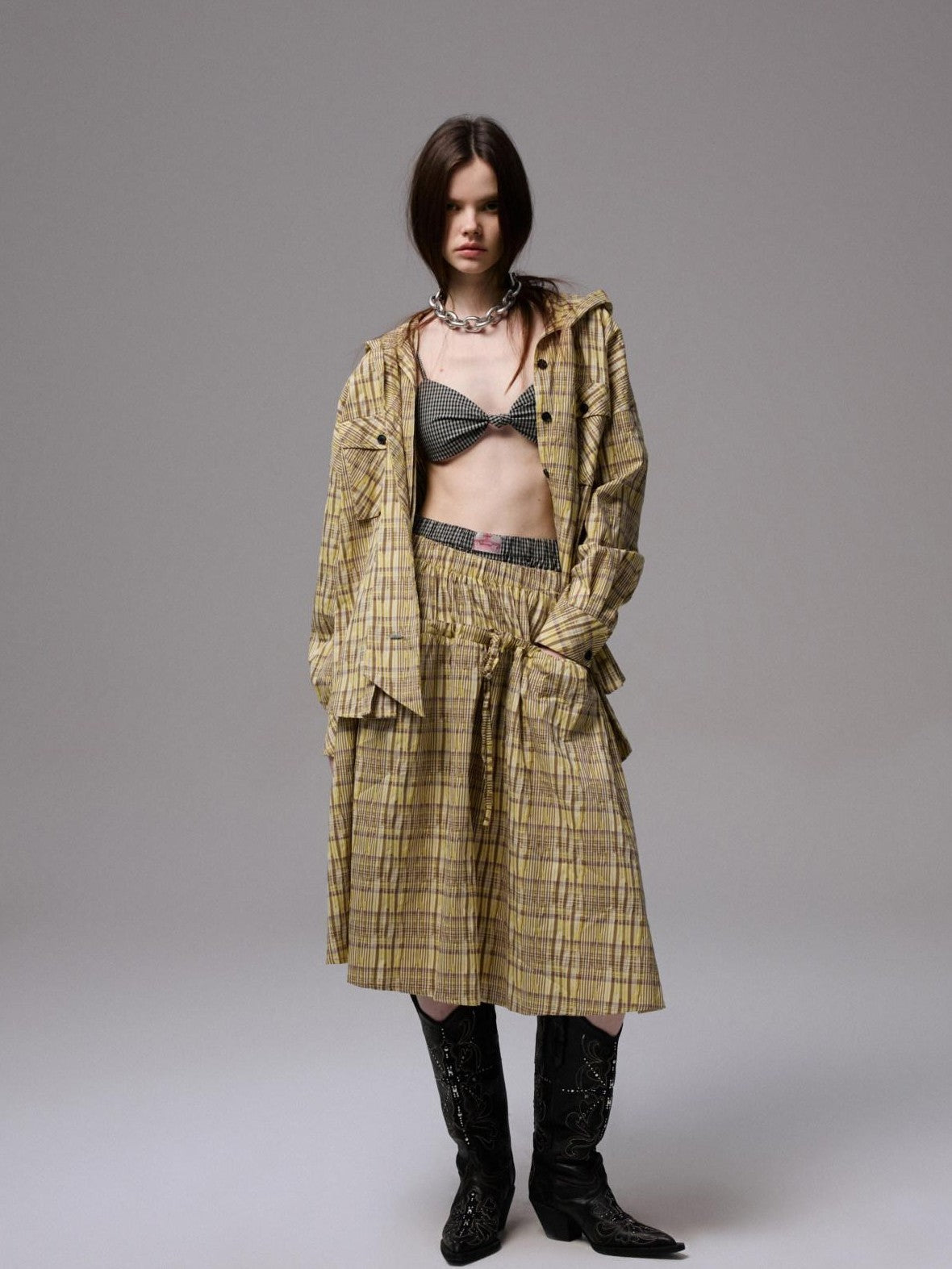 1JINN STUDIO Retro Colorblock Plaid Knotted Asymmetric Double Cross Wireless Women&
