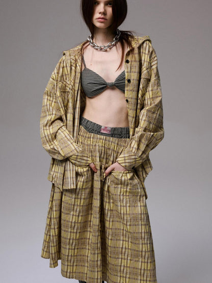 1JINN STUDIO Retro Colorblock Plaid Knotted Asymmetric Double Cross Wireless Women&