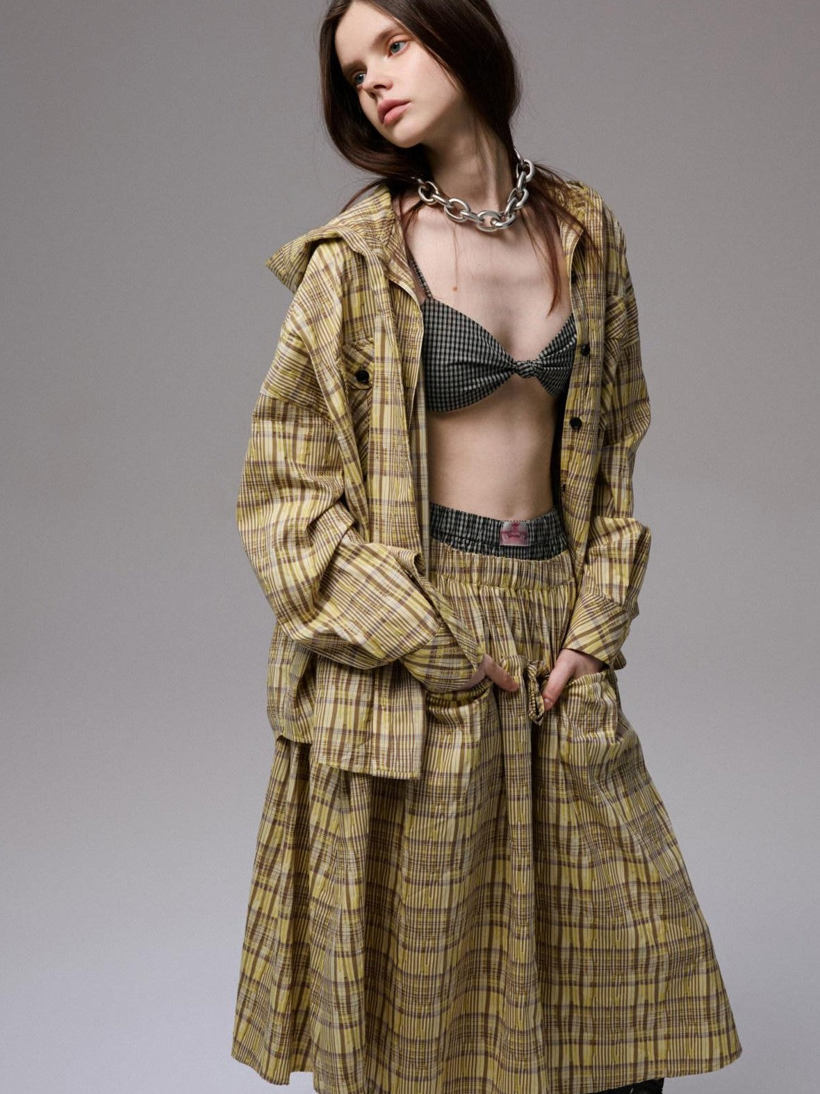 1JINN STUDIO Retro Colorblock Plaid Knotted Asymmetric Double Cross Wireless Women&