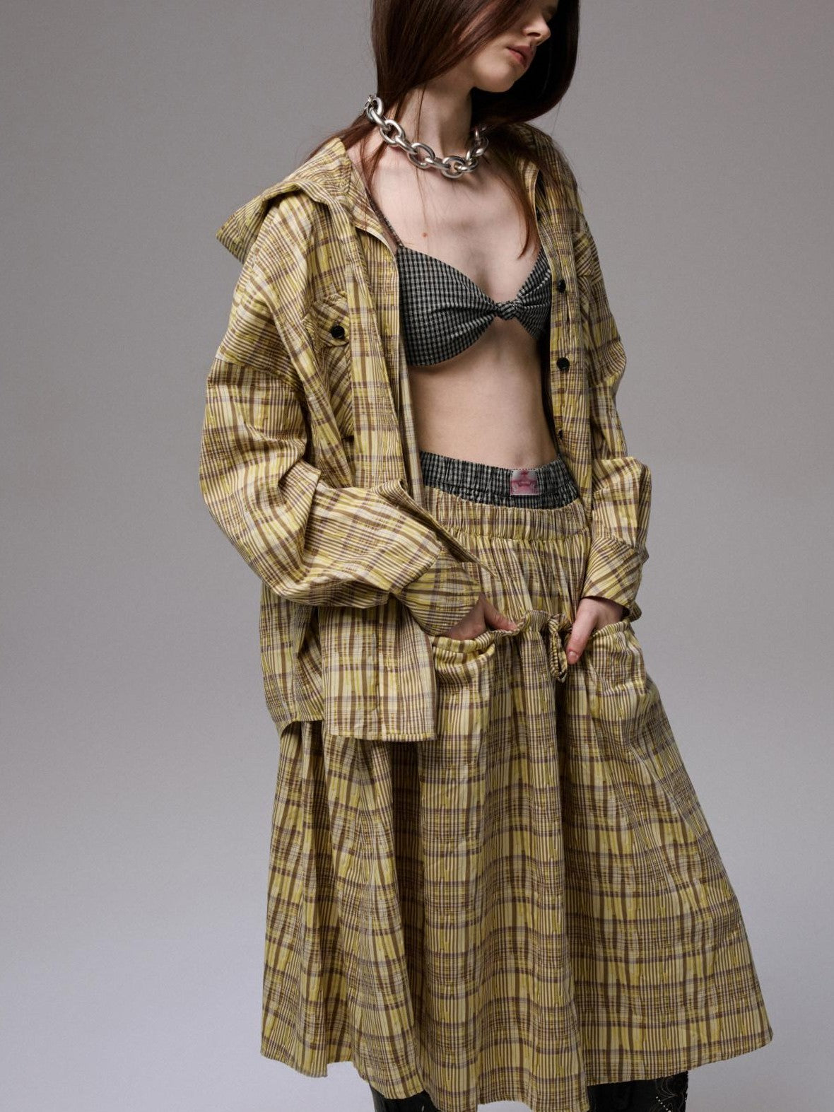 1JINN STUDIO Retro Colorblock Plaid Knotted Asymmetric Double Cross Wireless Women&