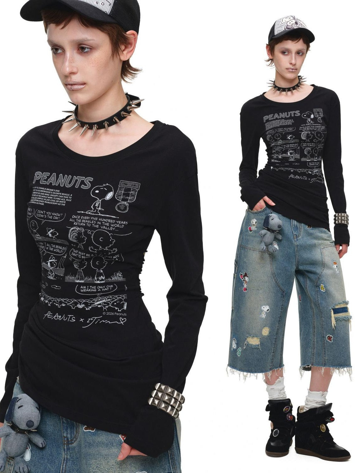 1JINN STUDIO Retro Comic Distressed Cutout Waist Women&