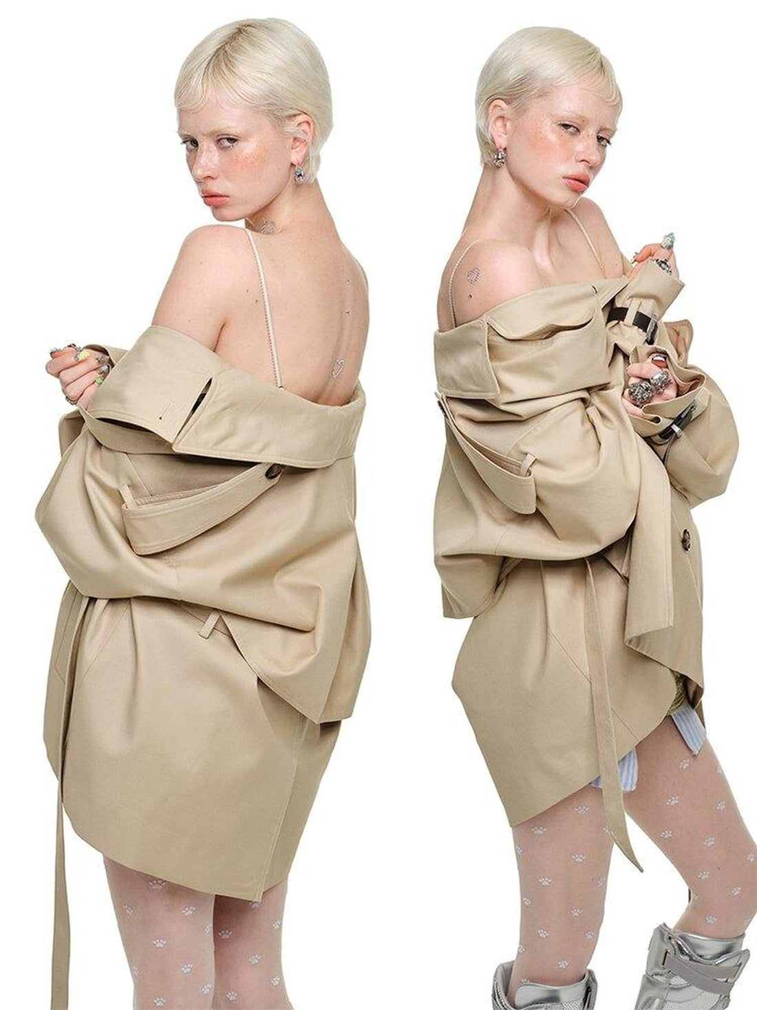 1JINN STUDIO Retro Double Breasted Belted Large Lapel Mid Length Women&