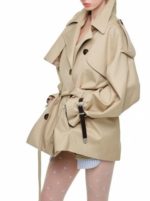 1JINN STUDIO Retro Double Breasted Belted Large Lapel Mid Length Women&