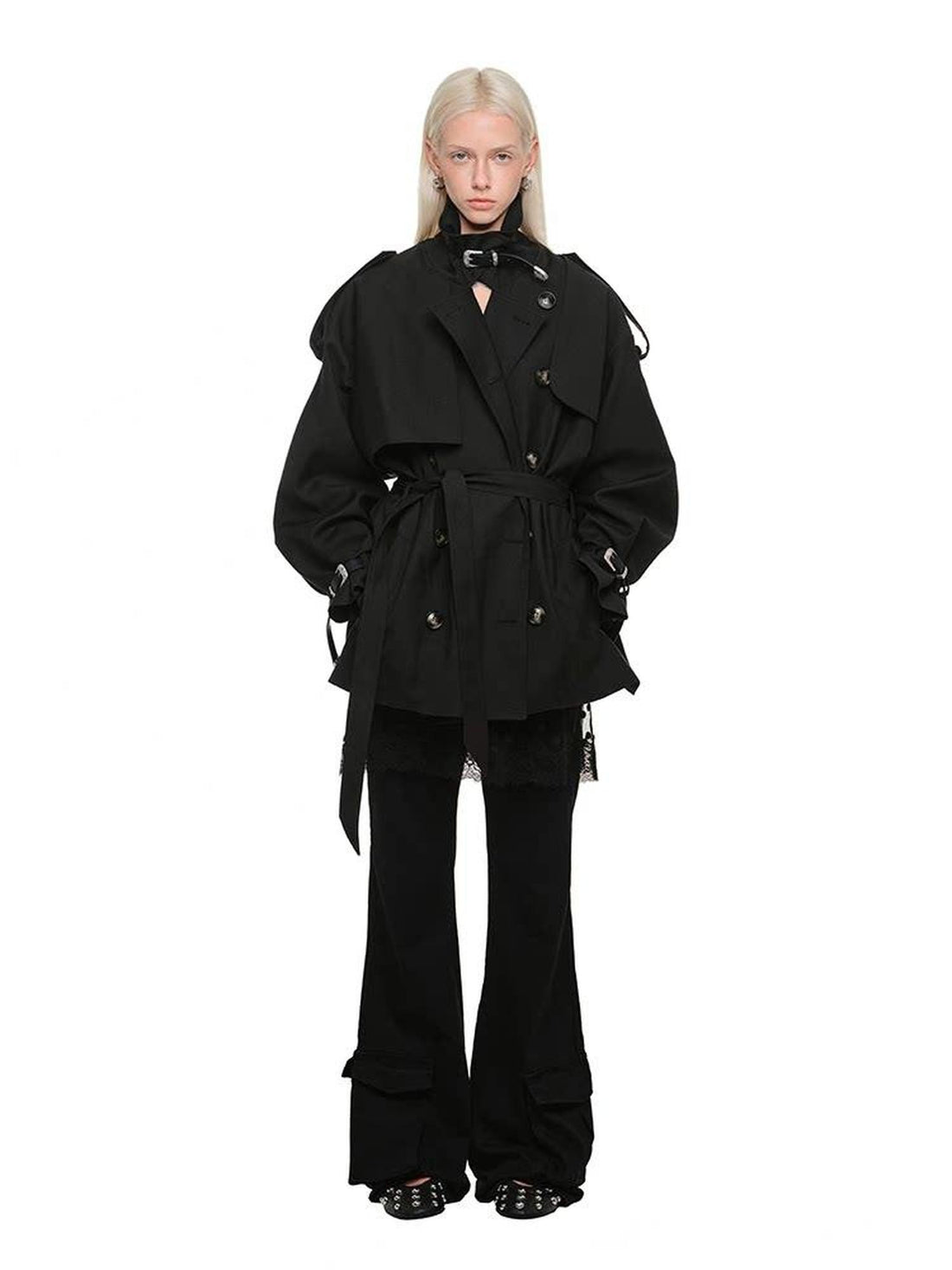 1JINN STUDIO Retro Double Breasted Belted Large Lapel Mid Length Women&