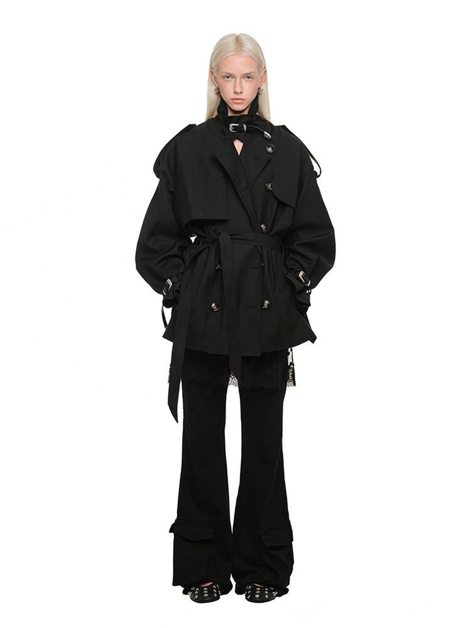 1JINN STUDIO Retro Double Breasted Belted Large Lapel Mid Length Women&