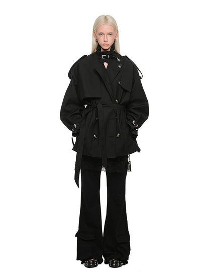 1JINN STUDIO Retro Double Breasted Belted Large Lapel Mid Length Women&