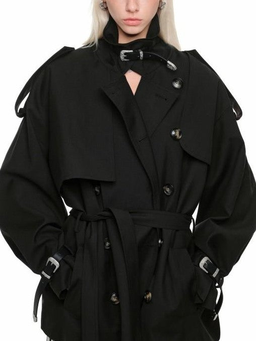 1JINN STUDIO Retro Double Breasted Belted Large Lapel Mid Length Women&