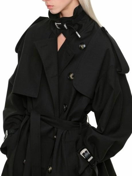 1JINN STUDIO Retro Double Breasted Belted Large Lapel Mid Length Women&