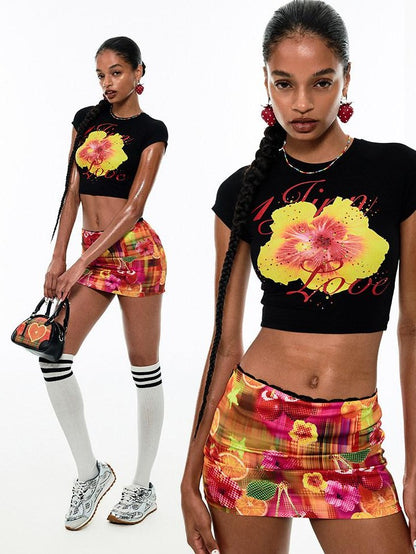 1JINN STUDIO Retro Fruit Print Low Waist Hip Hugging H Line Women&