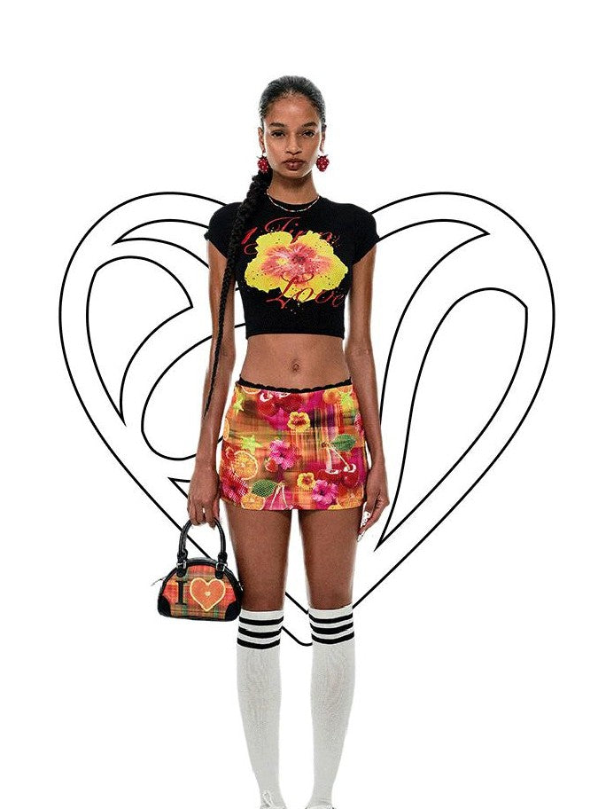 1JINN STUDIO Retro Fruit Print Low Waist Hip Hugging H Line Women&