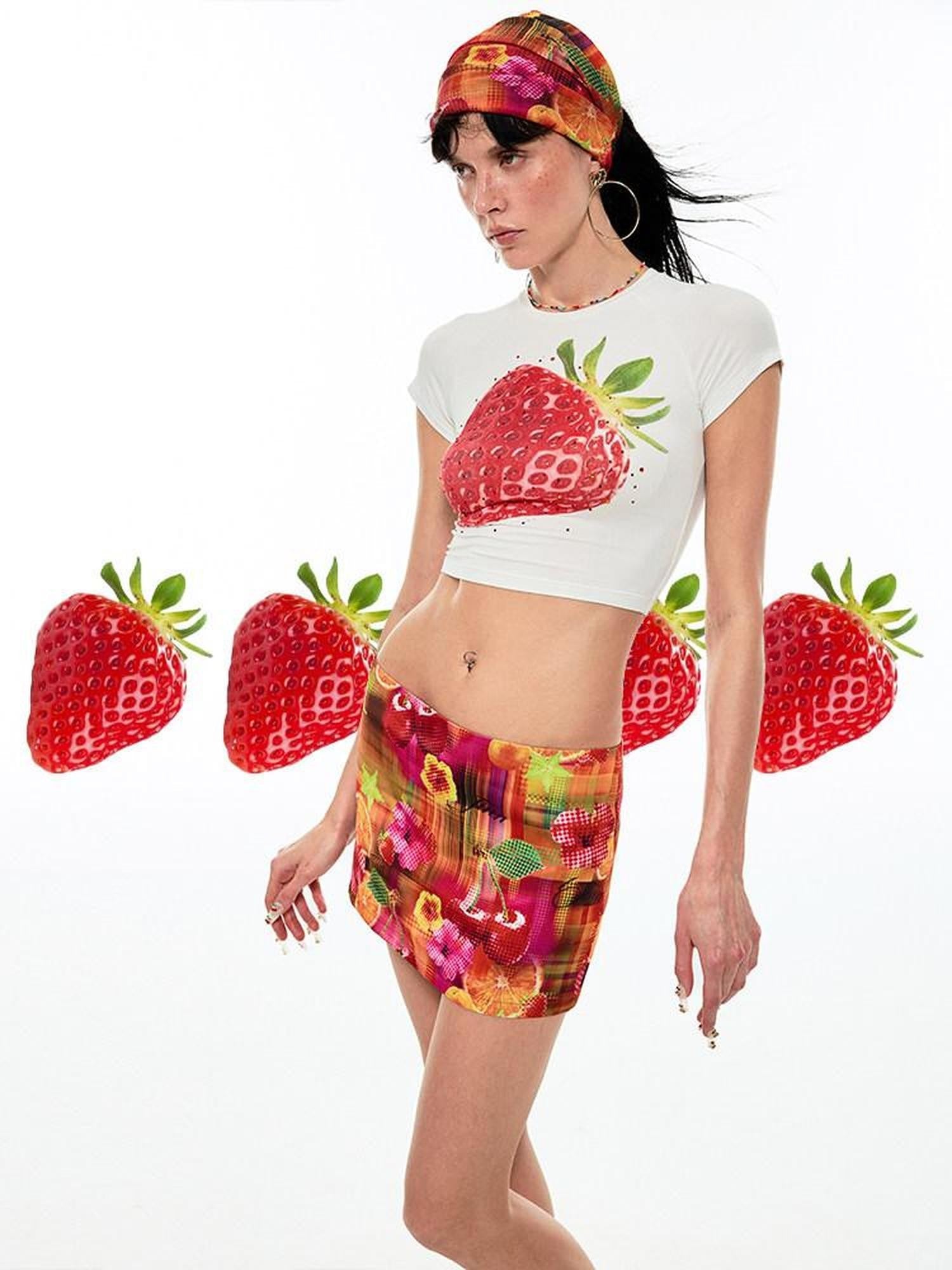 1JINN STUDIO Retro Fruit Print Low Waist Hip Hugging H Line Women&