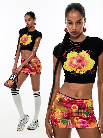 1JINN STUDIO Retro Fruit Print Low Waist Hip Hugging H Line Women&