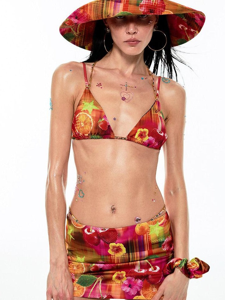 1JINN STUDIO Retro Fruit Print Low Waist Hip Hugging H Line Women&