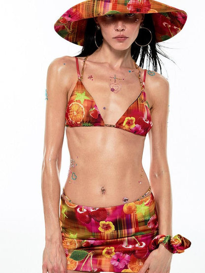 1JINN STUDIO Retro Fruit Print Low Waist Hip Hugging H Line Women&