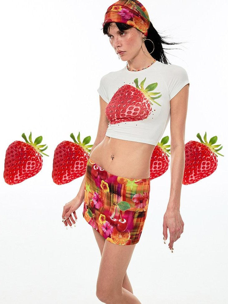 1JINN STUDIO Retro Fruit Print Low Waist Hip Hugging H Line Women&