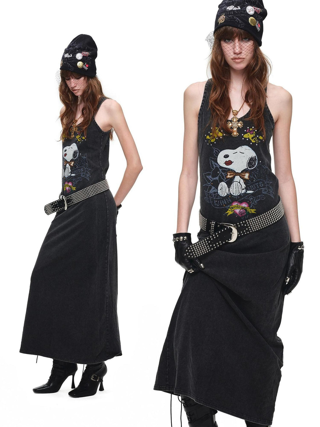 1JINN STUDIO Retro Large Print Washed Rhinestone Women&
