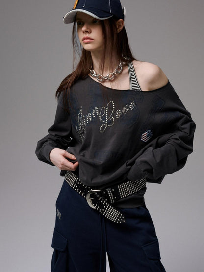 1JINN STUDIO Retro Letter Rhinestone Asymmetric Shoulder Women&
