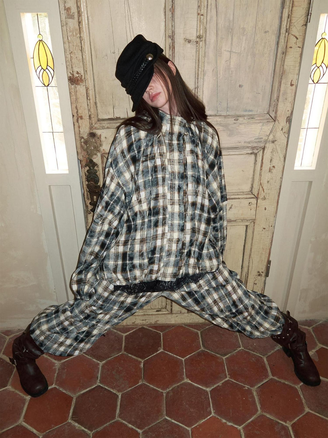 1JINN STUDIO Retro Plaid Crinkled Waist Panel Women&