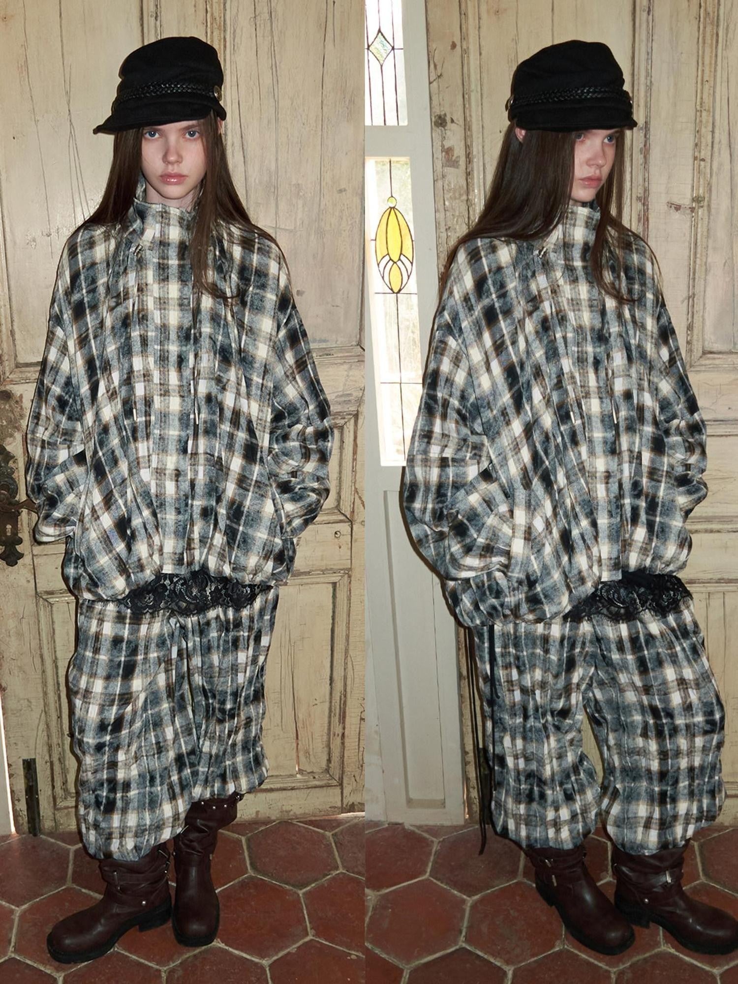 1JINN STUDIO Retro Plaid Crinkled Waist Panel Women&