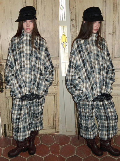 1JINN STUDIO Retro Plaid Crinkled Waist Panel Women&