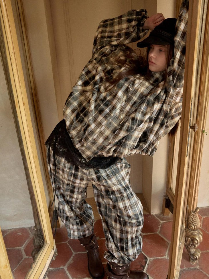 1JINN STUDIO Retro Plaid Crinkled Waist Panel Women&