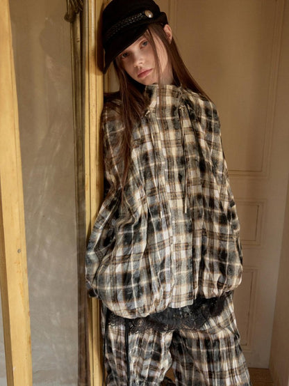 1JINN STUDIO Retro Plaid Crinkled Waist Panel Women&