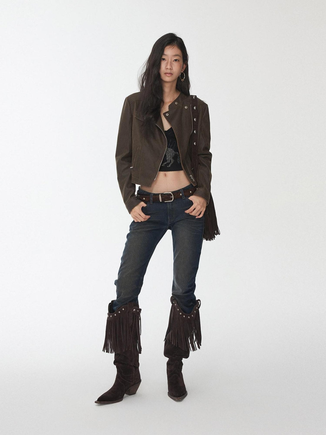 1JINN STUDIO Retro Washed Crackle Distressed Lapel Biker Women&