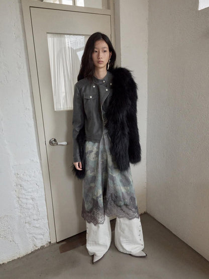 1JINN STUDIO Retro Washed Crackle Distressed Lapel Biker Women&