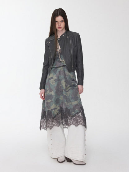 1JINN STUDIO Retro Washed Crackle Distressed Lapel Biker Women&